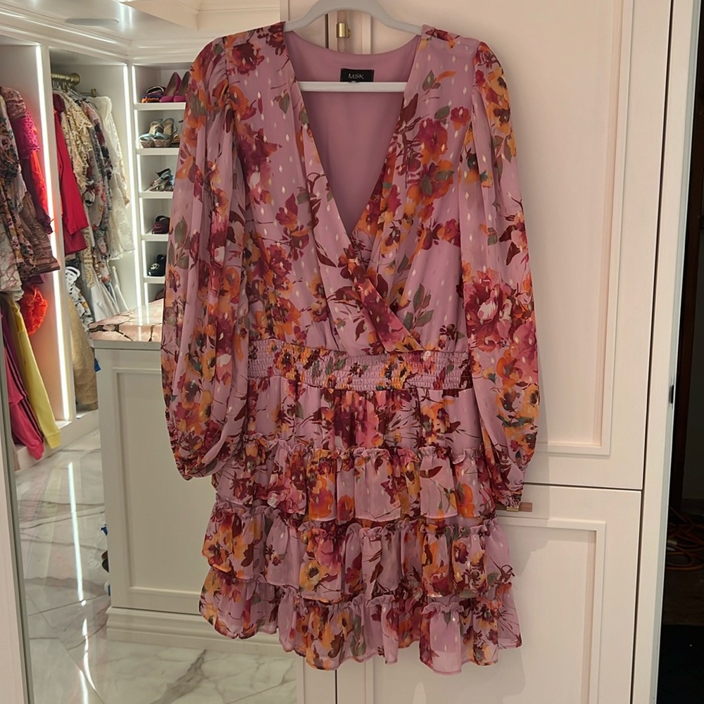 MSK Pink Ruffle Faux wrap Dress Size XL Gold Floral Print balloon long sleeve